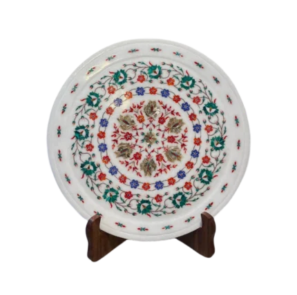 White Marble Inlaid Plate with Radial Floral Design
