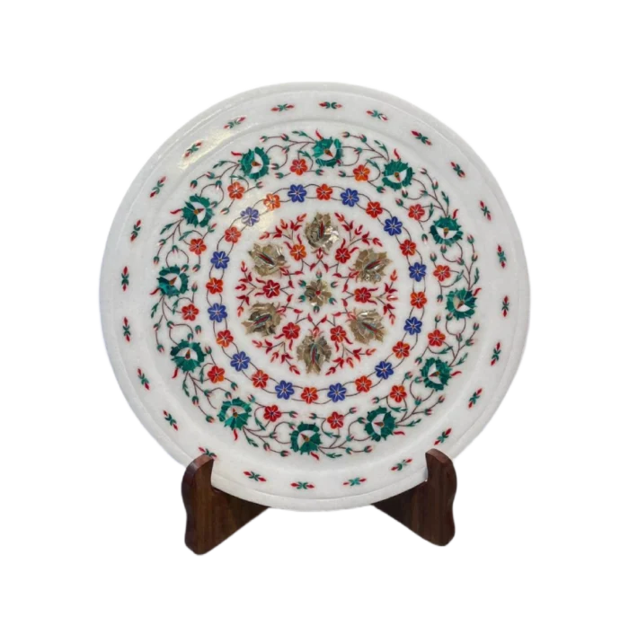 White Marble Inlaid Plate with Radial Floral Design - Image 1