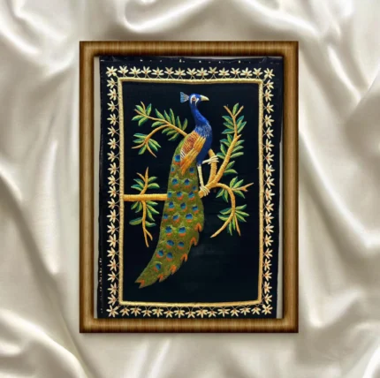 Framed colorful peacock embroidery