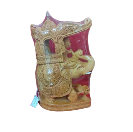 Hand-Carved Wooden Elephant with Rider and Passenger
