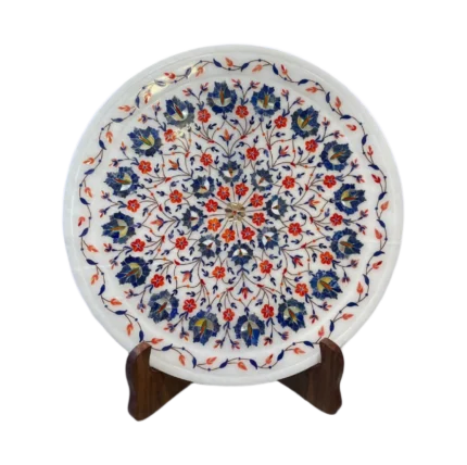 White Marble Inlaid Plate with Radial Floral Design Blue