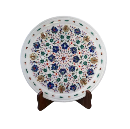 White Marble Inlaid Plate with Floral Design Blue And Green