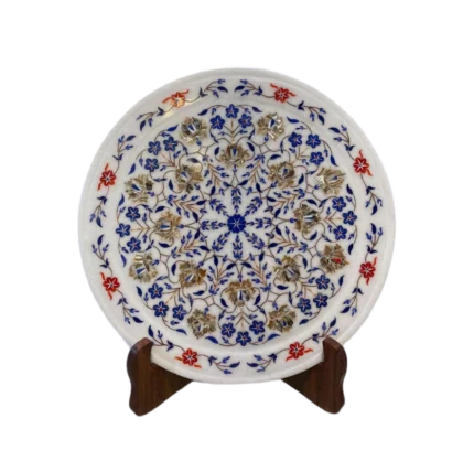 Exquisite Marble Inlay Plate with Lapis & Carnelian Floral Design