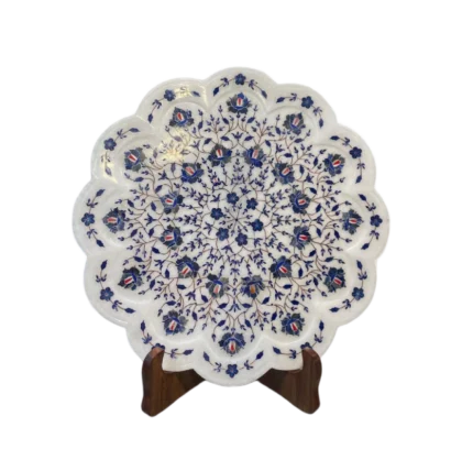 White Marble Plate with Blue Floral Inlay (Pietra Dura)
