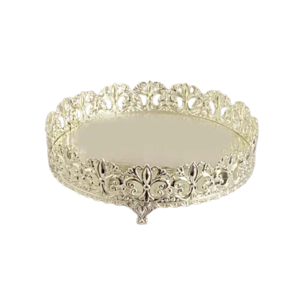 Ornate Silver-Plated Decorative Tray with Mirrored Base
