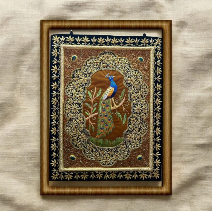 Regal Peacock Zardozi Embroidery Art - Framed on Brown Silk - Image 1