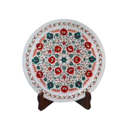 Vibrant Marble Inlay Plate - Red & Green Floral Art