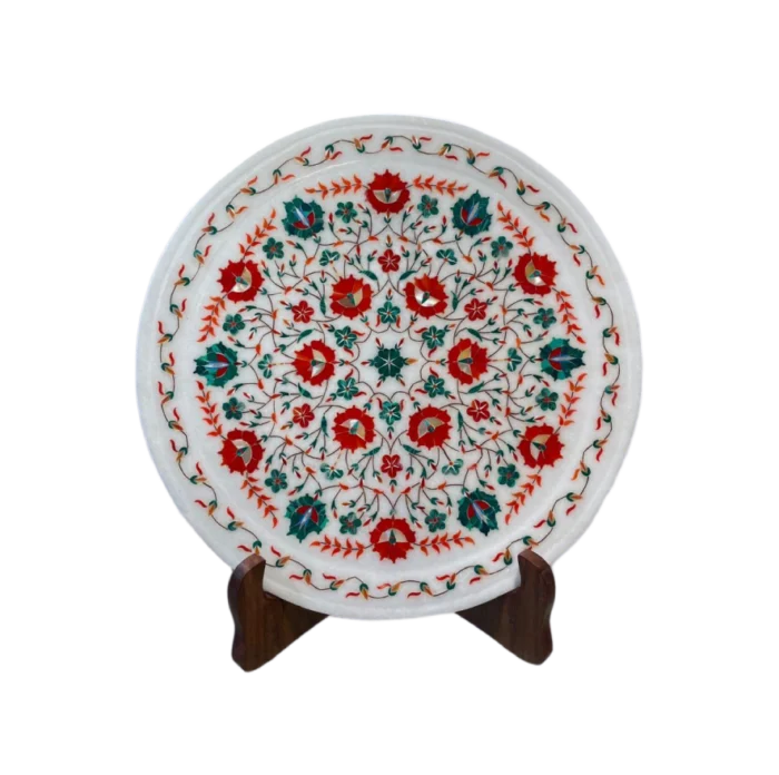 Vibrant Marble Inlay Plate - Red & Green Floral Art - Image 1