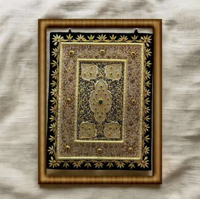 Framed Traditional Gold Zardozi Embroidery Art with Gemstone - Image 1