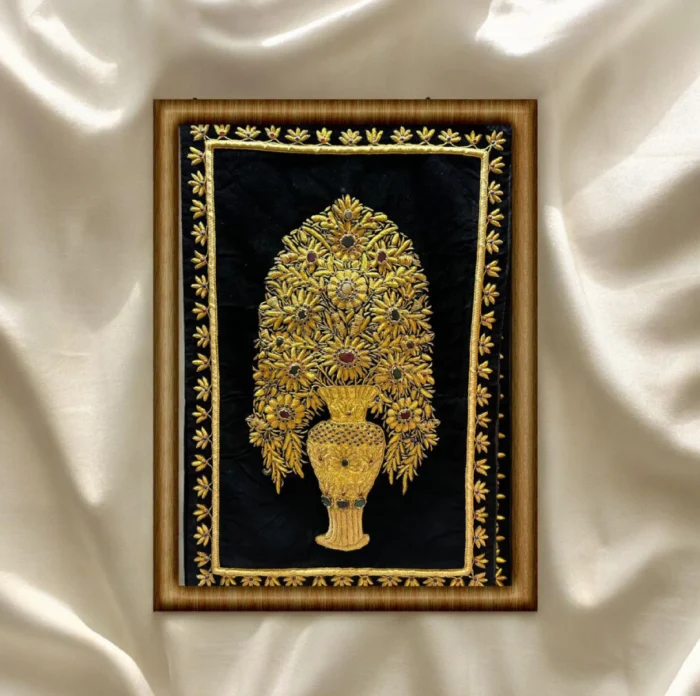 Framed Gold Zardozi Floral Vase Embroidery Art - Image 1