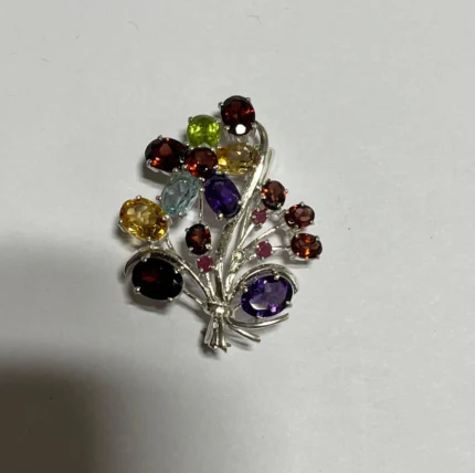 Exquisite Sterling Silver Multi-Gemstone Floral Brooch