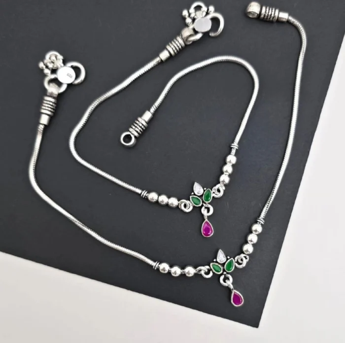 Dainty Beaded Sterling Silver Anklets with Leaf & Drop Accents (Pair) - Image 1