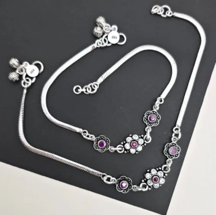 Ornate Floral Sterling Silver Anklets with Purple Gems (Pair)