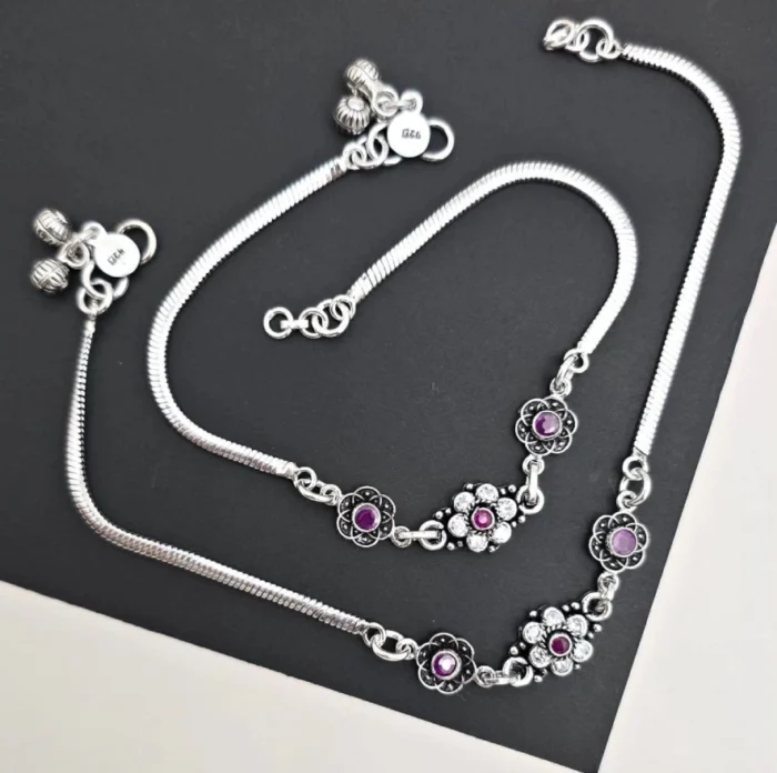 Ornate Floral Sterling Silver Anklets with Purple Gems (Pair) - Image 1
