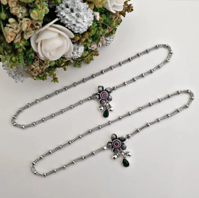Vibrantly Gemmed Sterling Silver Anklets (Pair) - Image 1