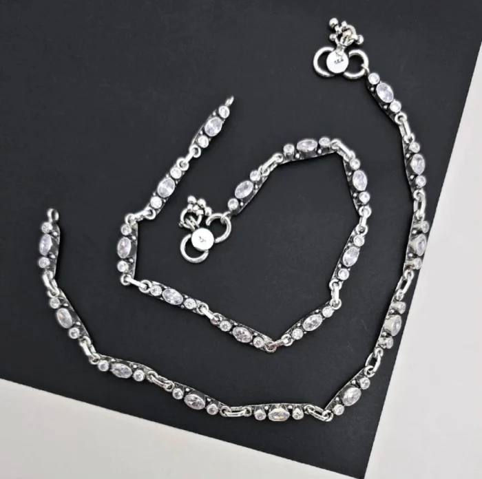 Sparkling Oval & Round CZ Sterling Silver Anklets (Pair) - Image 1