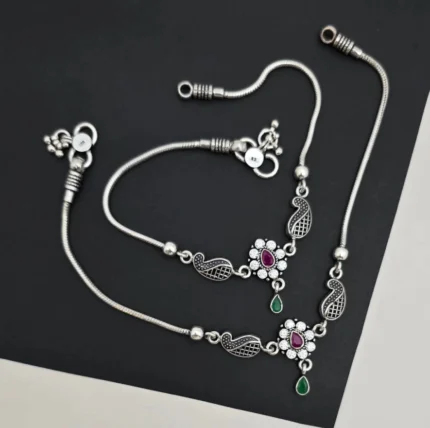 Peacock & Floral Sterling Silver Anklets with Gem Drops (Pair)