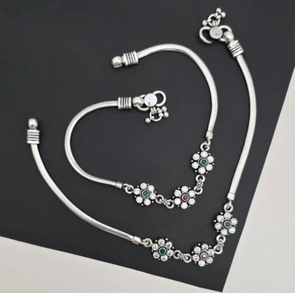 Floral Gemstone Sterling Silver Anklets (Pair)