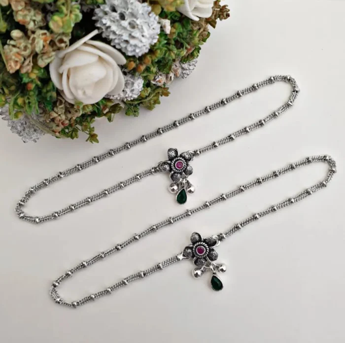 Sterling Silver Floral & Teardrop Anklets (Pair) - Image 1