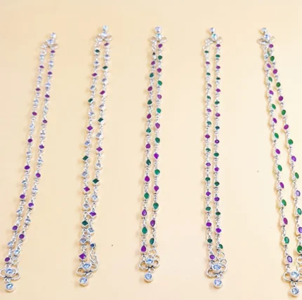 Lightweight Sterling Silver Payal with Colorful Gemstones (Set of 5 Pairs)