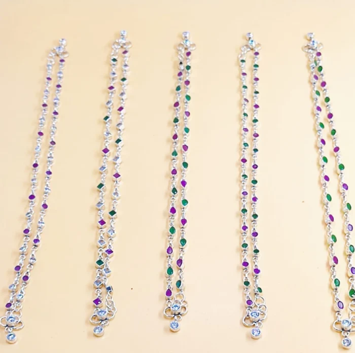 Lightweight Sterling Silver Payal with Colorful Gemstones (Set of 5 Pairs) - Image 1