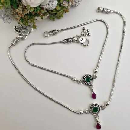 Classic Snake Chain Sterling Silver Anklets with Gemstone Drops (Pair)