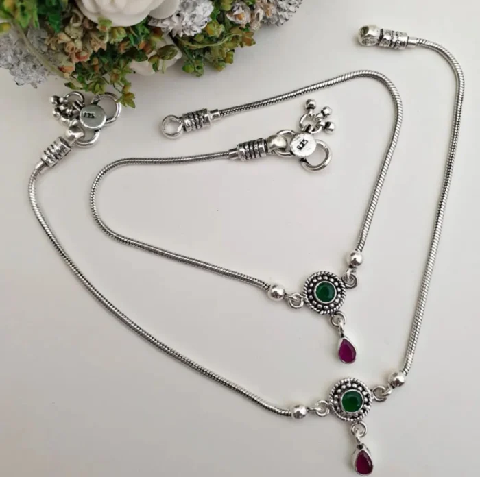 Classic Snake Chain Sterling Silver Anklets with Gemstone Drops (Pair) - Image 1