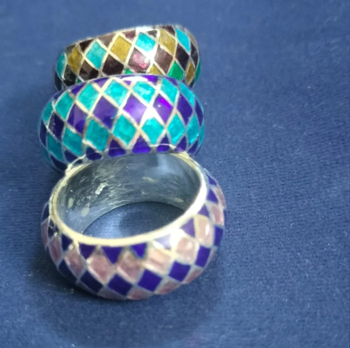 Set of 3: Geometric Enamel Rings (Checkerboard Pattern) - Image 1