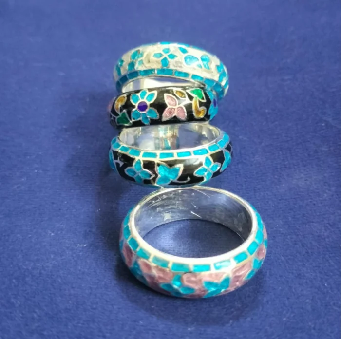 Set of 4: Hand-Painted Floral Enamel Rings - Image 1
