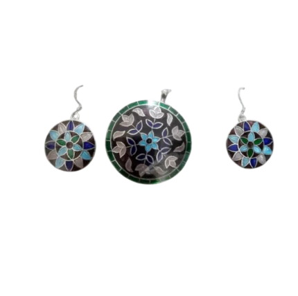 Elegant Meenakari Circular Floral Silver Pendant Set