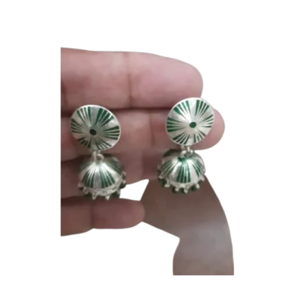 Contemporary Green Striped Meenakari Silver Jhumkas