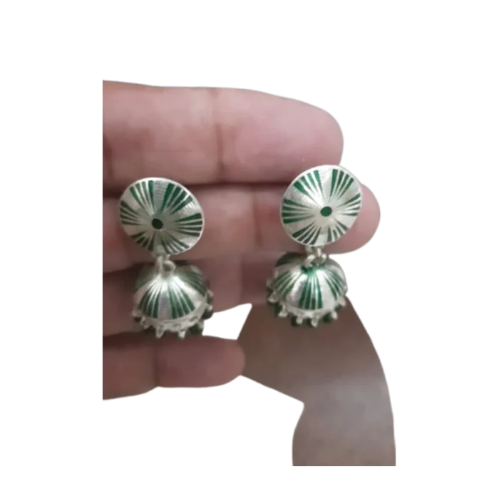 Contemporary Green Striped Meenakari Silver Jhumkas - Image 1