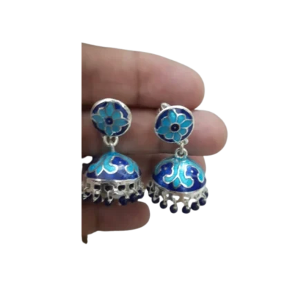 Dual-Tone Blue Meenakari Silver Jhumkas