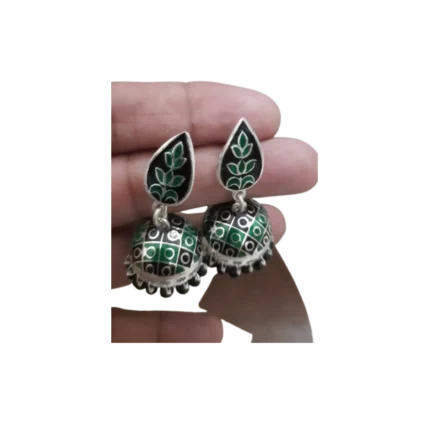 Bold Black & Green Geometric Meenakari Silver Jhumkas