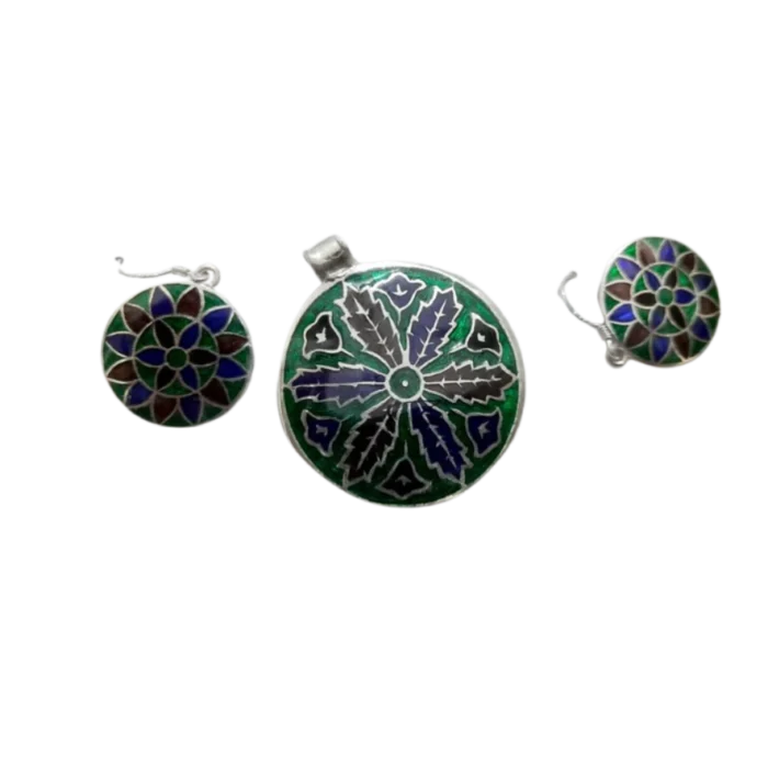 Artistic Enamel & Sterling Silver Pendant and Earring Set (16 gm) - Image 1