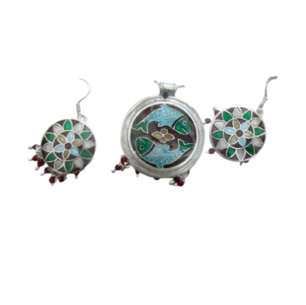 Artistic Meenakari Pisces Fish Silver Pendant Set (18 gm)