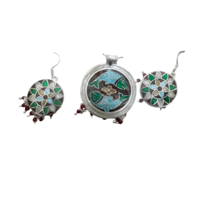 Artistic Meenakari Pisces Fish Silver Pendant Set (18 gm) - Image 1