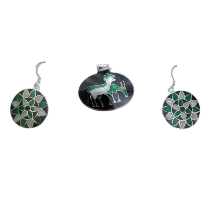 Stylish Meenakari Deer Design Silver Pendant Set (11 gm) - Image 1