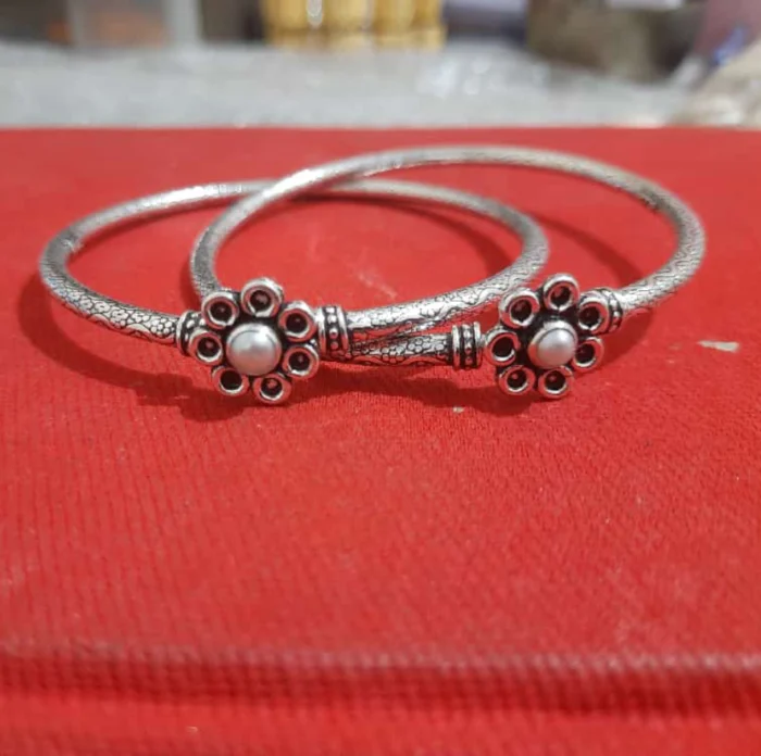 Sterling Silver Anklets with Embellished Centerpieces (Pair) - Image 1