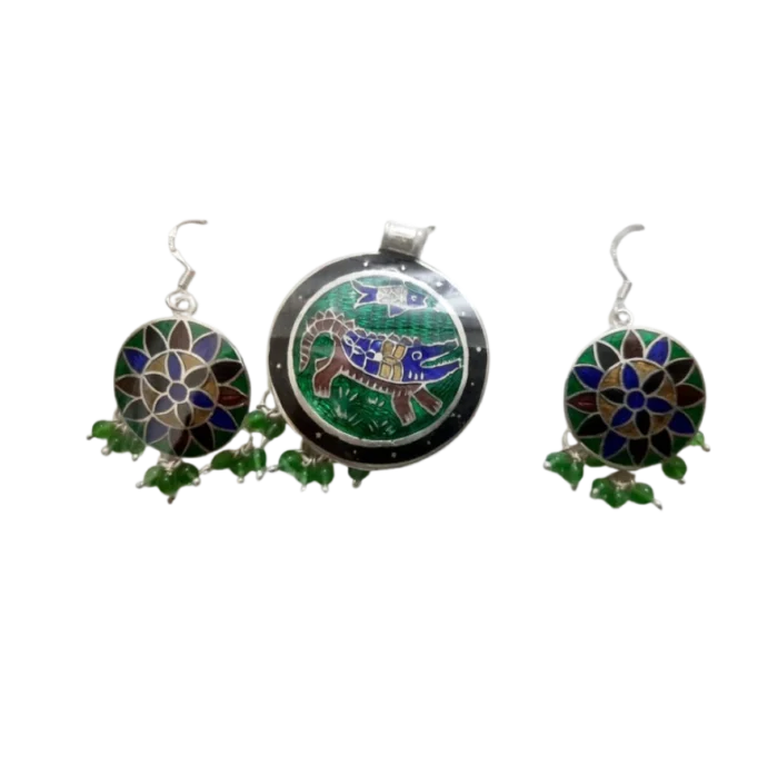 Unique Meenakari Alligator and Fish Silver Pendant Set (19 gm) - Image 1