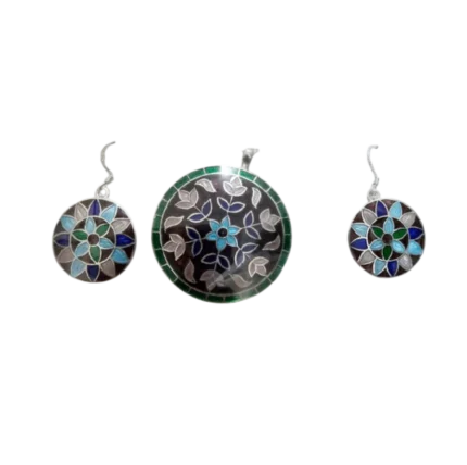 Vibrant Meenakari Black & Blue Floral Silver Pendant Set