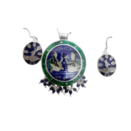 Handcrafted Meenakari Royal Blue & Green Pendant Set