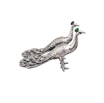 Pair of Silver Peacock Figurines on Black Base