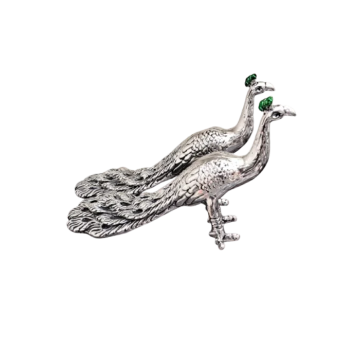 Pair of Silver Peacock Figurines on Black Base - Image 1