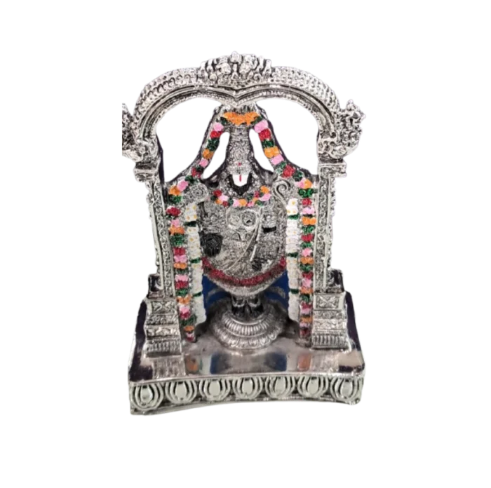 Colorful Silver Tirupati Balaji Idol with Floral Garland - Image 1