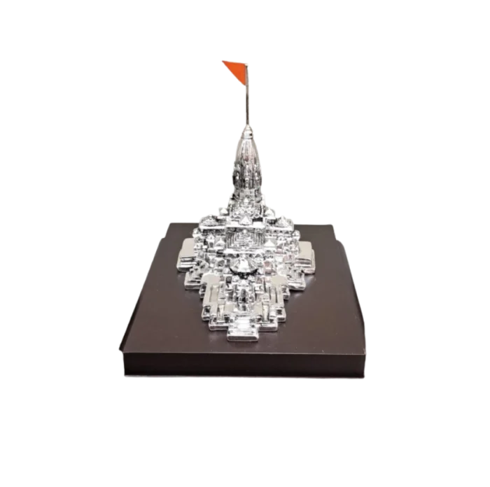Silver Ram Mandir Replica with Orange Flag - Image 1
