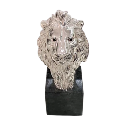 Silver Lion Head Figurine on Stone Base