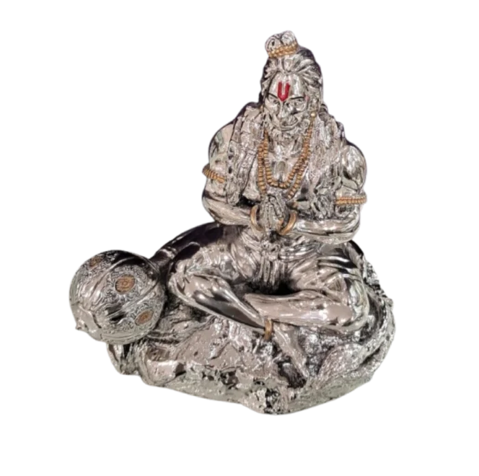 Silver Hanuman Idol in Meditation Pose with Mace - Image 1