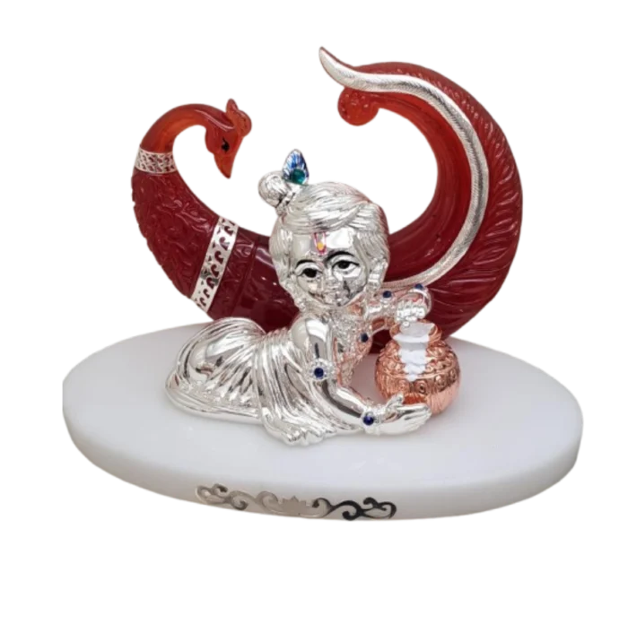 Silver Baby Krishna with Peacock Backdrop - Image 1