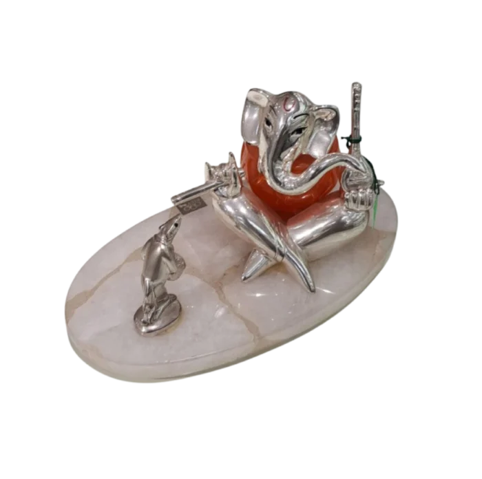 Musical Ganesha in Silver and Coral Accent - Image 1